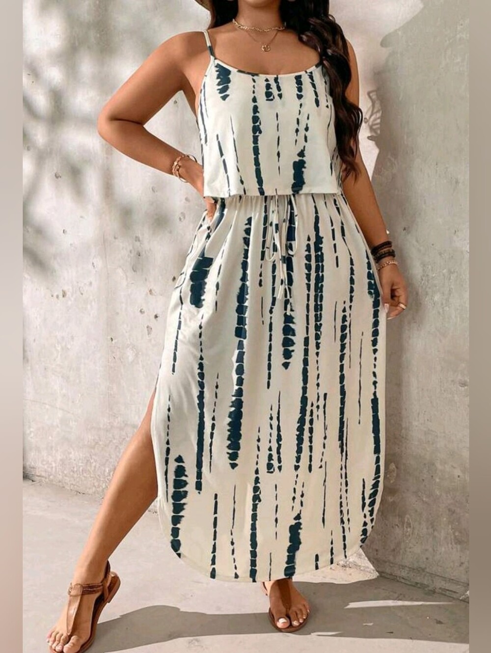 New Popover Tee Shirt Cami Midi Dress PLUS Tie Dye Cream Ivory Blue